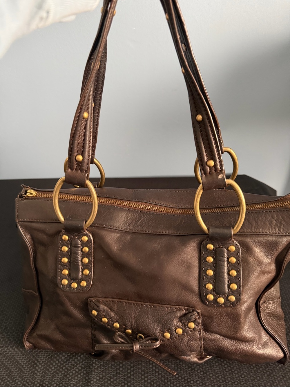 VIA SPIGA chocolate brown soft leather shoulder/hand bag with gold tone metal.